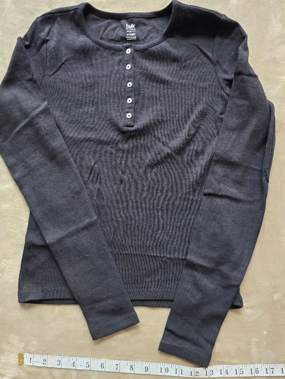 Twik Simons Black Ribbed Knit Henley Long Sleeve Shirt - Size [Insert Size]